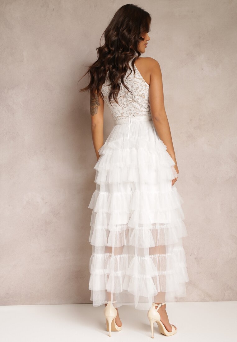 elsa.m by may Rochie Albă de Cocktail cu Corsaj de Dantelă și Fustă Evazată de Tulle Venisa