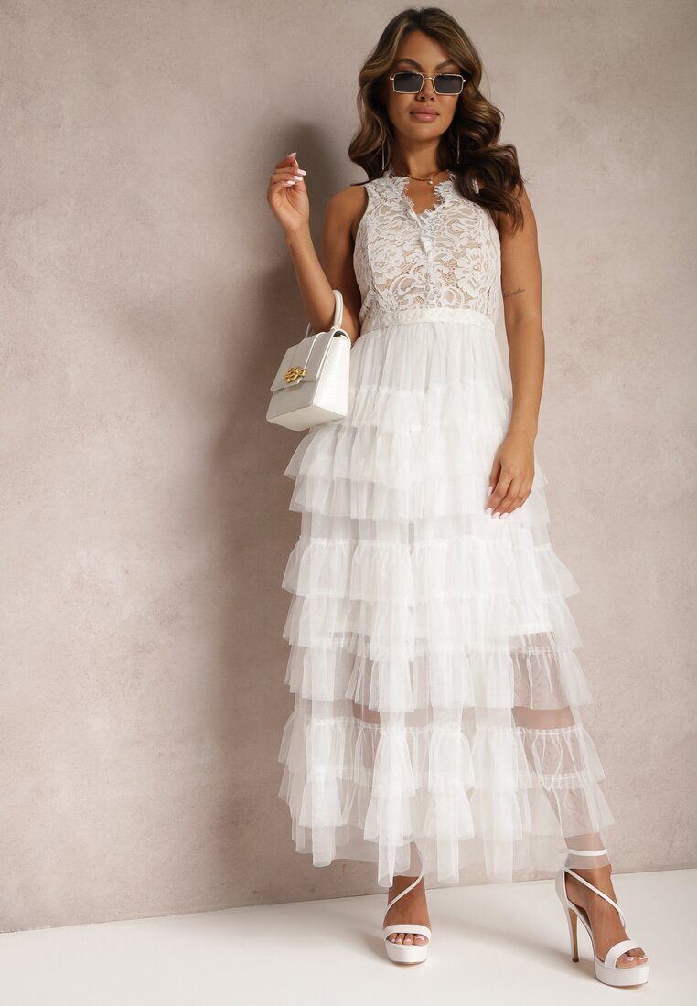 elsa.m by may Rochie Albă De Seară Maxi Decorată cu Dantelă și Volane Fariel
