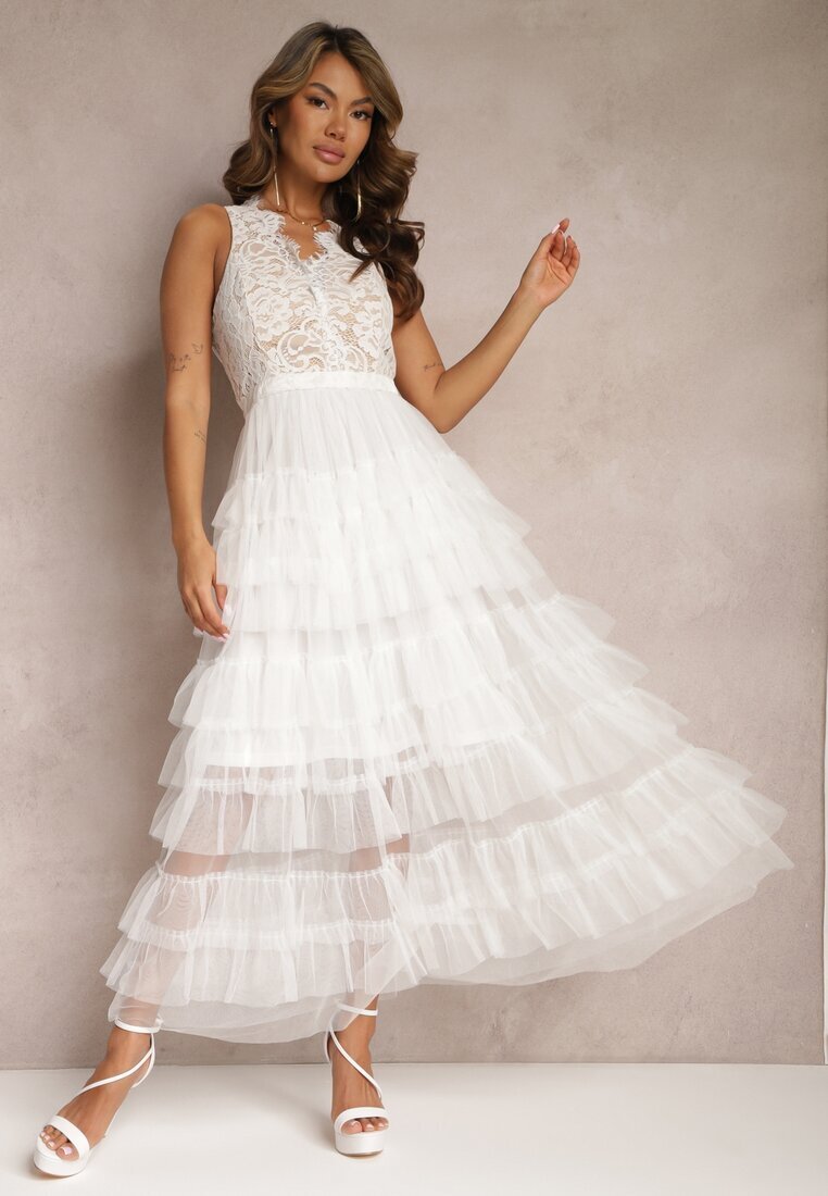 elsa.m by may Rochie Albă De Seară Maxi Decorată cu Dantelă și Volane Fariel