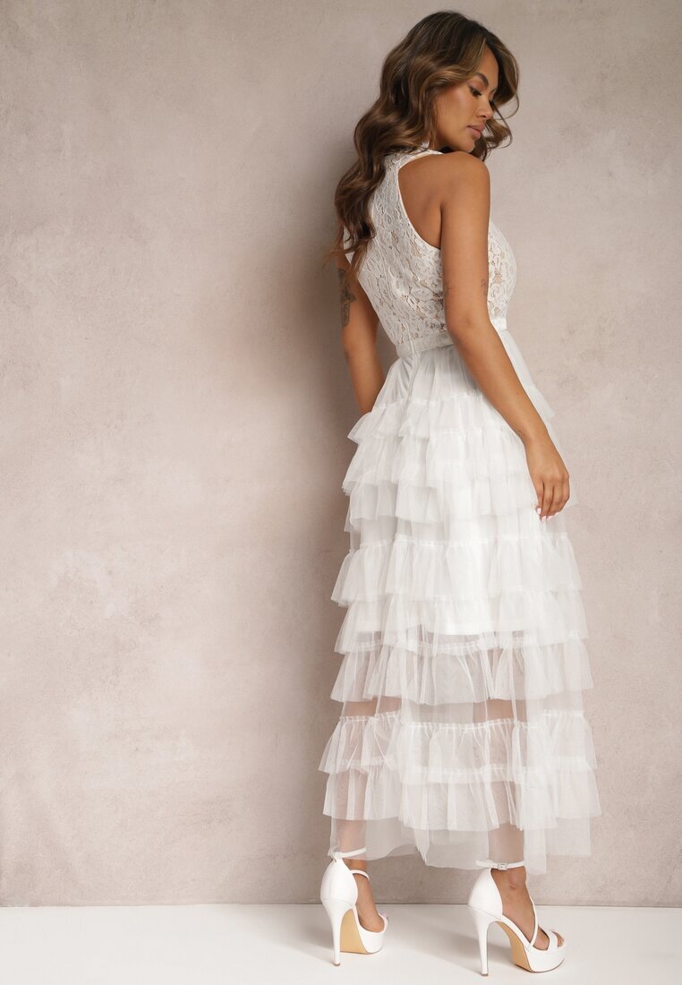 elsa.m by may Rochie Albă De Seară Maxi Decorată cu Dantelă și Volane Fariel
