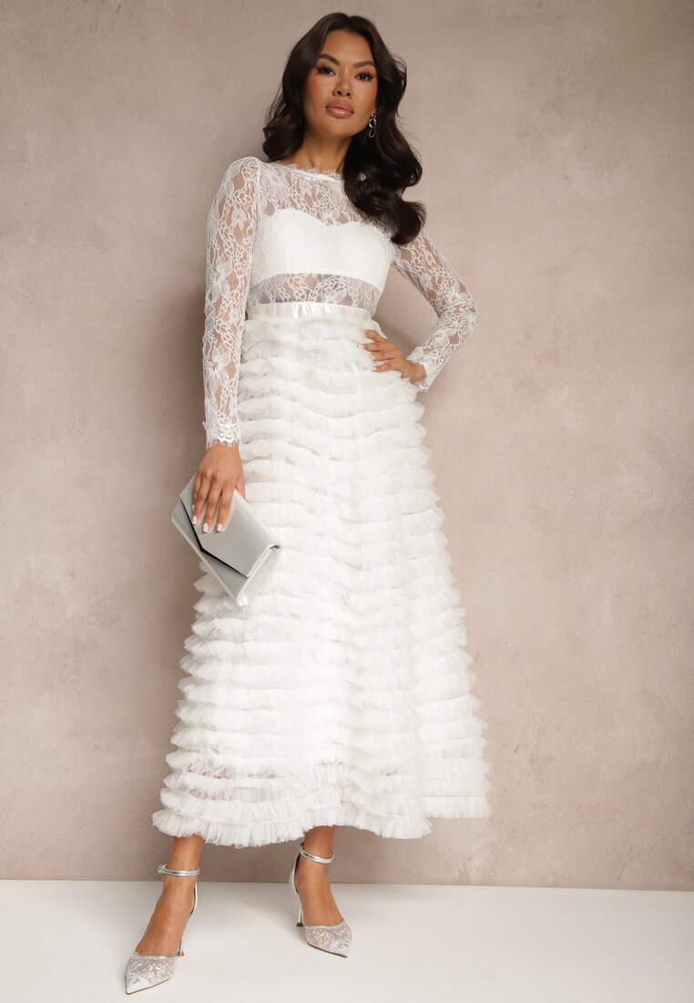 elsa.m by may Rochie Albă Din Dantelă Maxi cu Croială Cloș și Volane din Tul Sivina