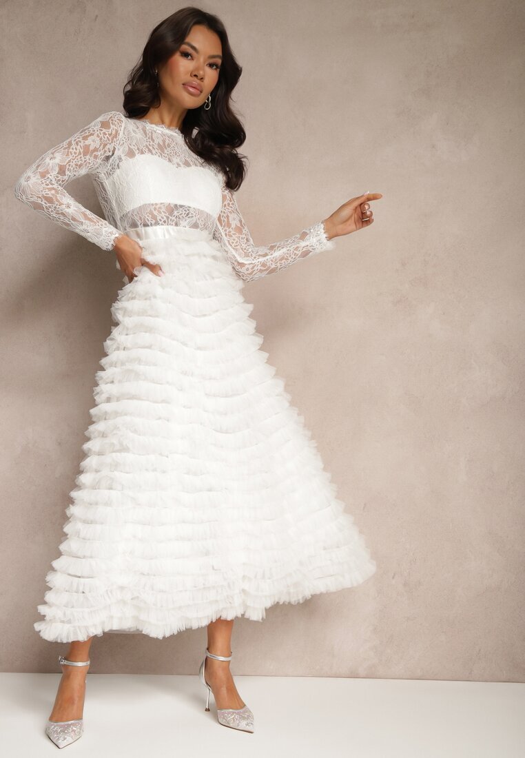 elsa.m by may Rochie Albă Din Dantelă Maxi cu Croială Cloș și Volane din Tul Sivina