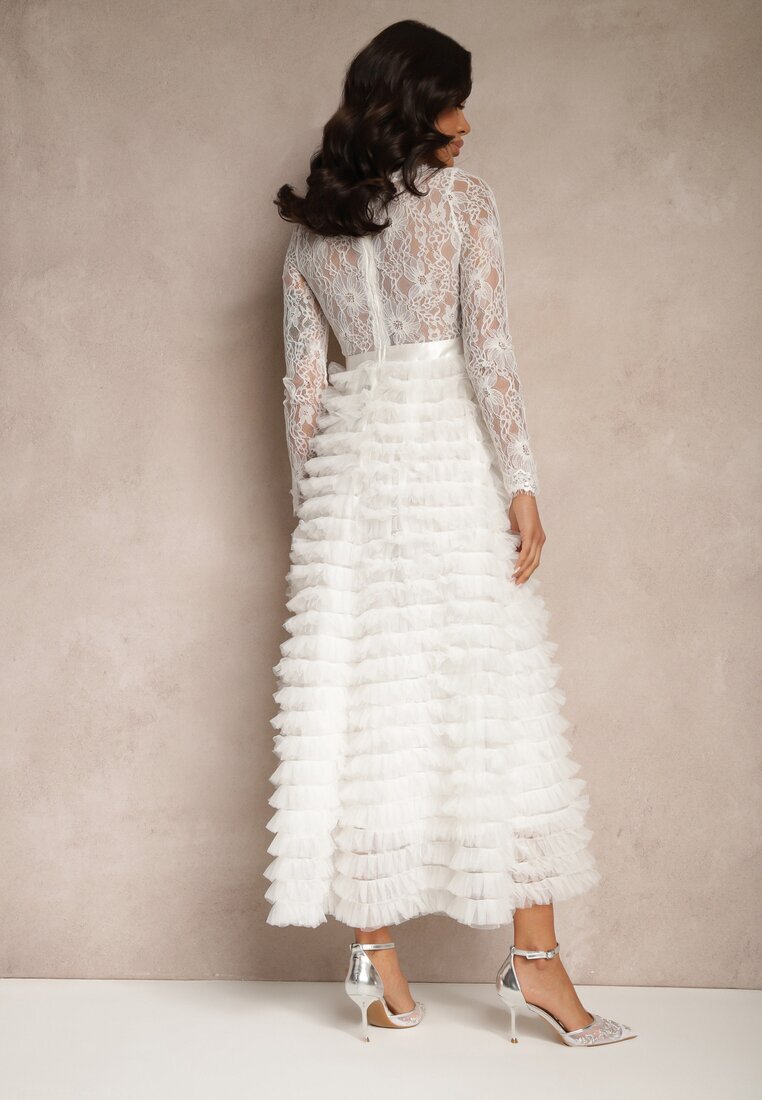 elsa.m by may Rochie Albă Din Dantelă Maxi cu Croială Cloș și Volane din Tul Sivina