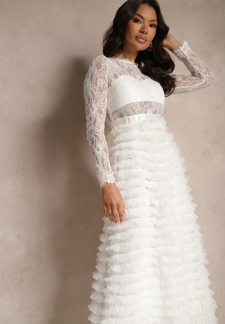 elsa.m by may Rochie Albă Din Dantelă Maxi cu Croială Cloș și Volane din Tul Sivina