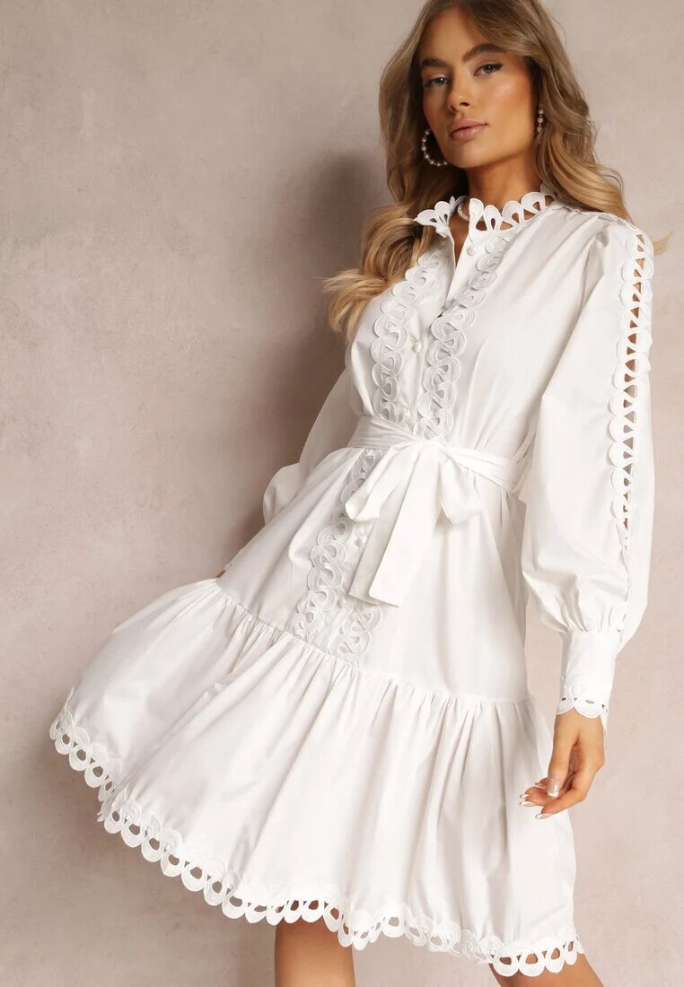 elsa.m by may Rochie Albă Midi cu Inserții Ajurate și Cordon Legat Hudo