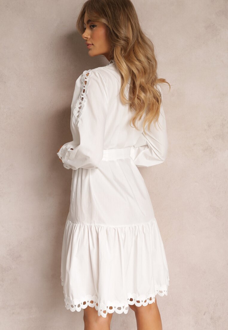 elsa.m by may Rochie Albă Midi cu Inserții Ajurate și Cordon Legat Hudo