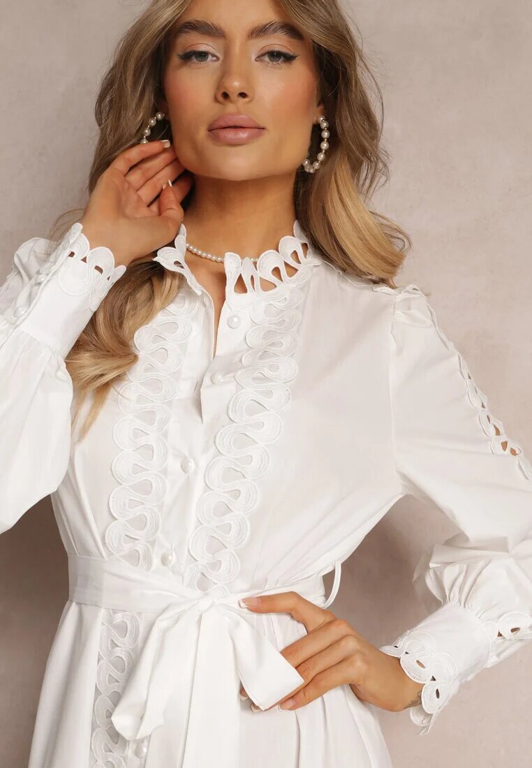 elsa.m by may Rochie Albă Midi cu Inserții Ajurate și Cordon Legat Hudo