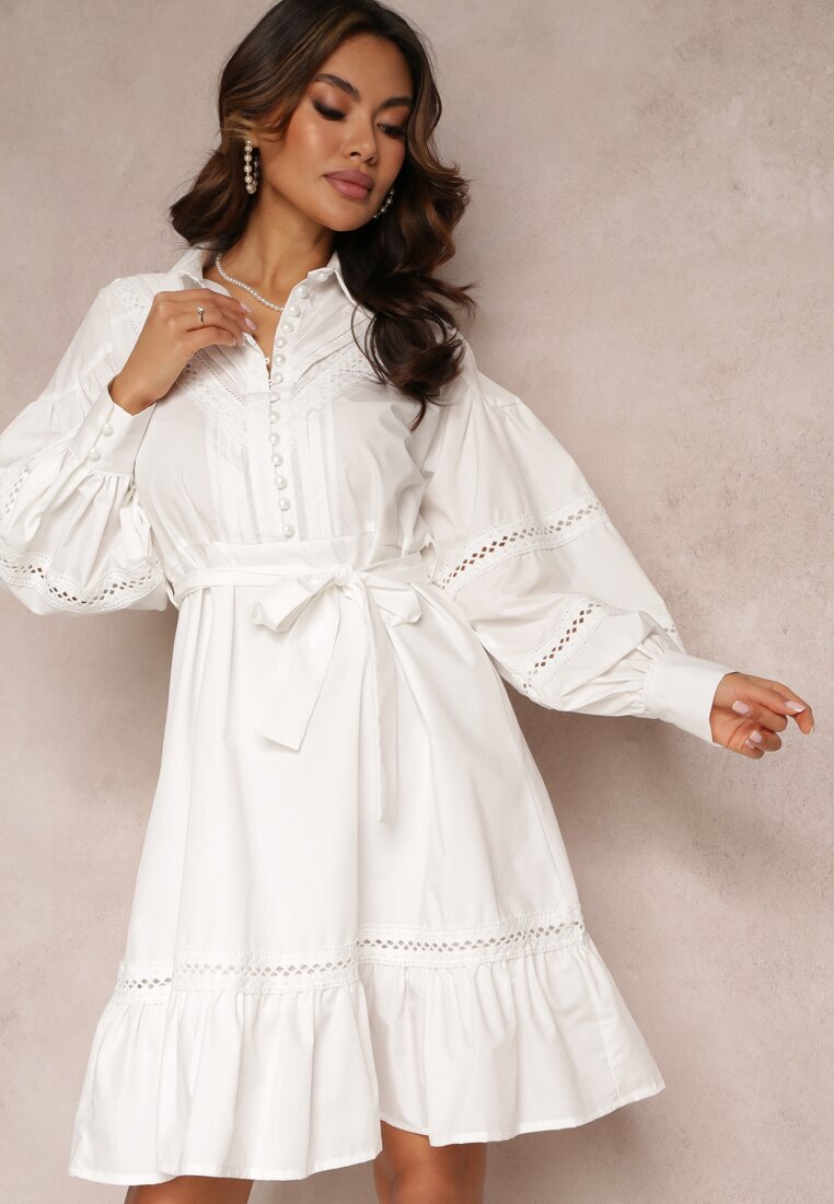 elsa.m by may Rochie Albă Tip Cămașă cu nasturi perlați și inserții dantelate Shyanne