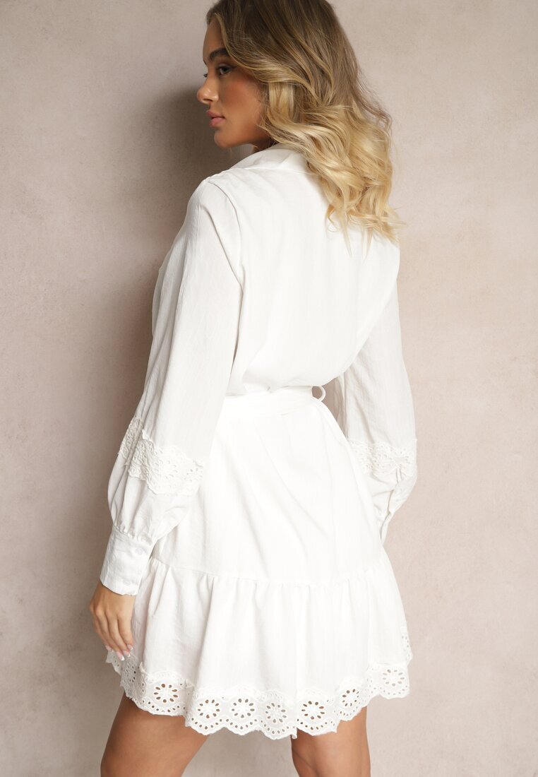 elsa.m by may Rochie albă tip cămașă din viscoză cu bumbac decorată cu curea și dantelă Korresil