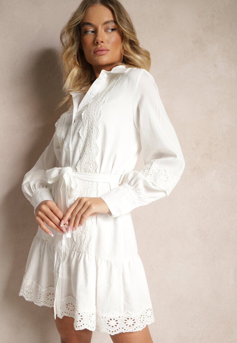 elsa.m by may Rochie albă tip cămașă din viscoză cu bumbac decorată cu curea și dantelă Korresil