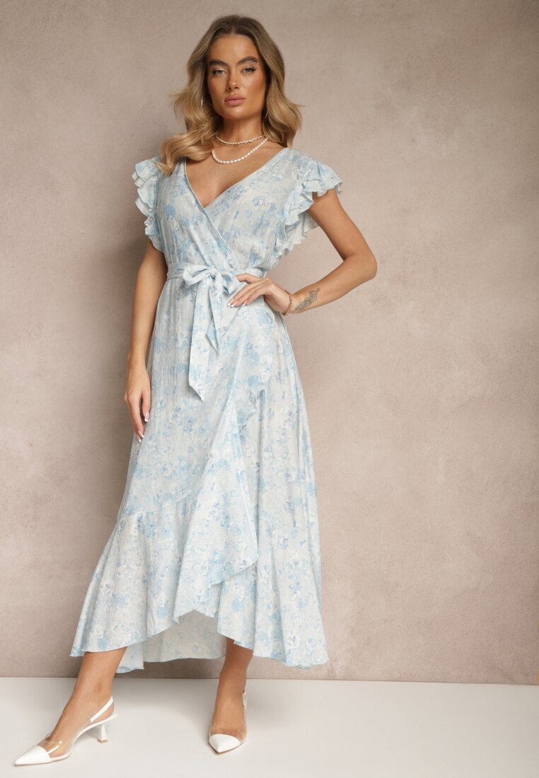 elsa.m by may Rochie Albastră Asimetrică din bumbac cu volane și imprimeu floral Lommea