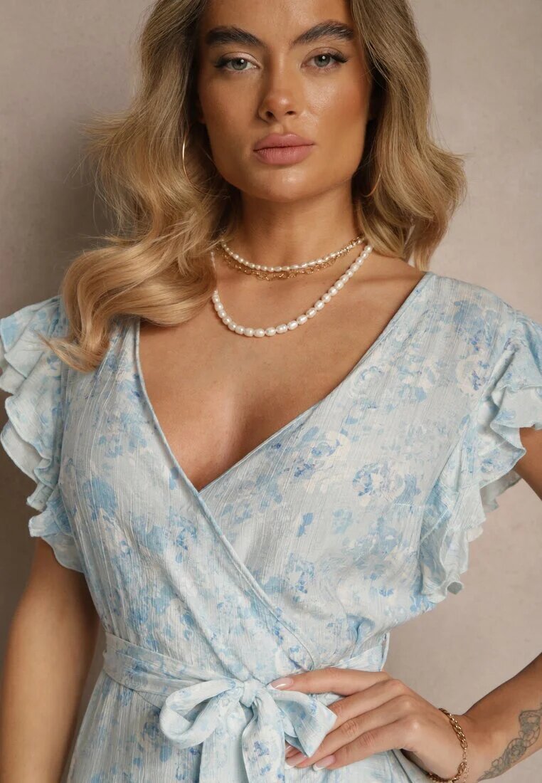 elsa.m by may Rochie Albastră Asimetrică din bumbac cu volane și imprimeu floral Lommea