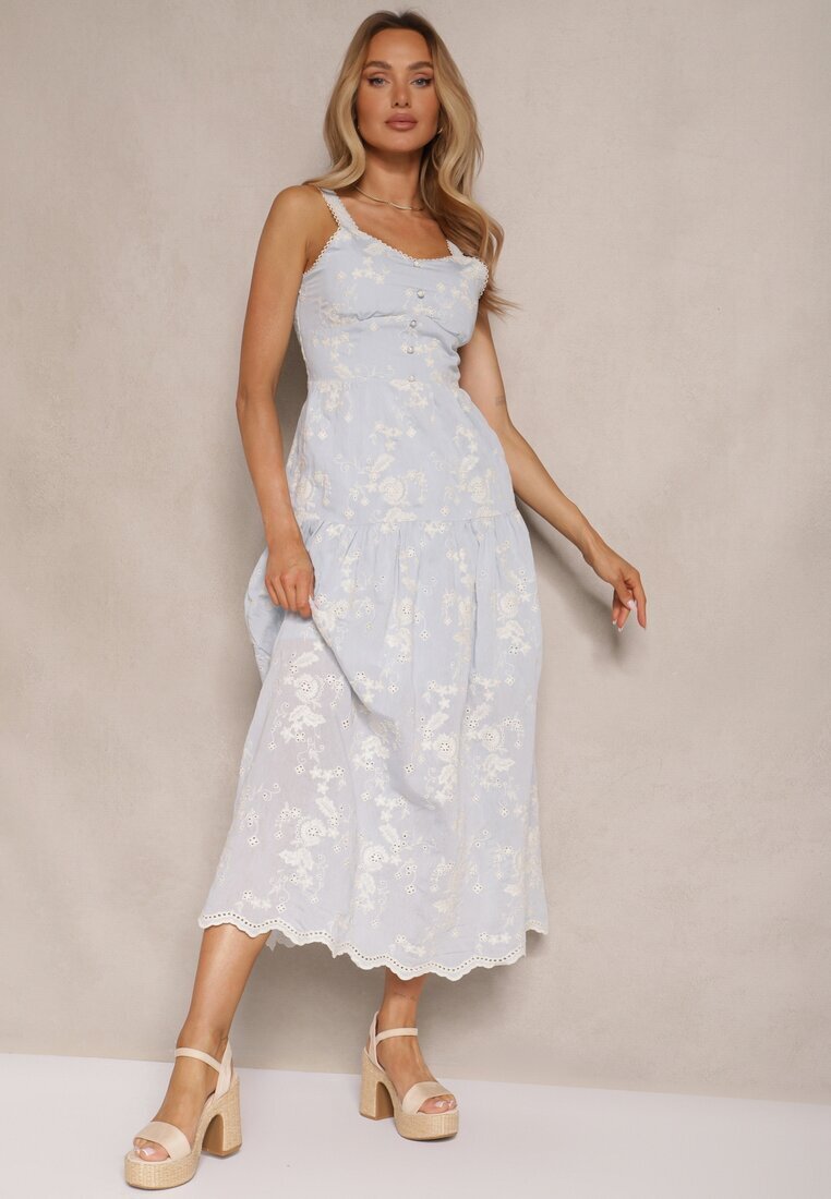 elsa.m by may Rochie Albastră Boho din viscoză și bumbac cu nasturi cu bretele cu imprimeu floral Lildexis