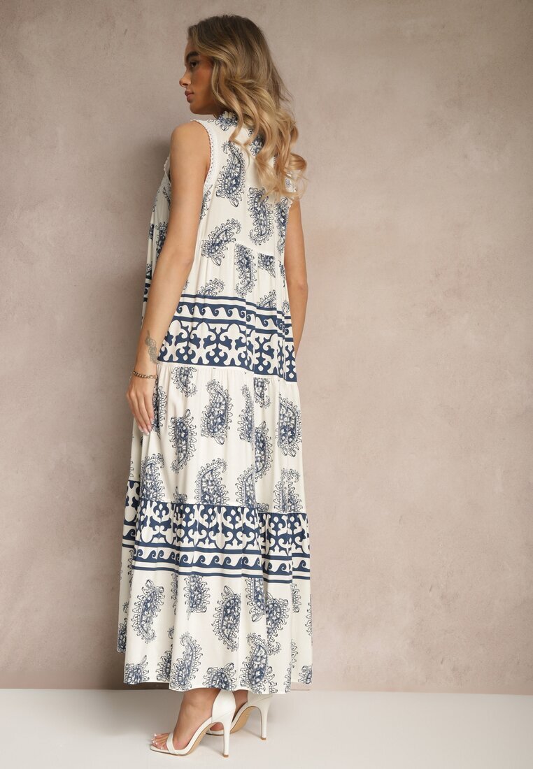 elsa.m by may Rochie Albastră Cloș din Viscoză Legată sub Gât cu Print Paisley Nreadia