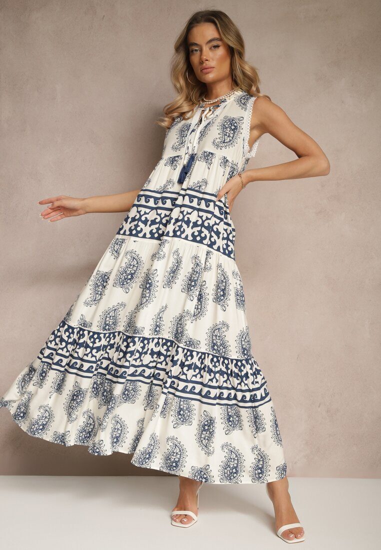 elsa.m by may Rochie Albastră Cloș din Viscoză Legată sub Gât cu Print Paisley Nreadia