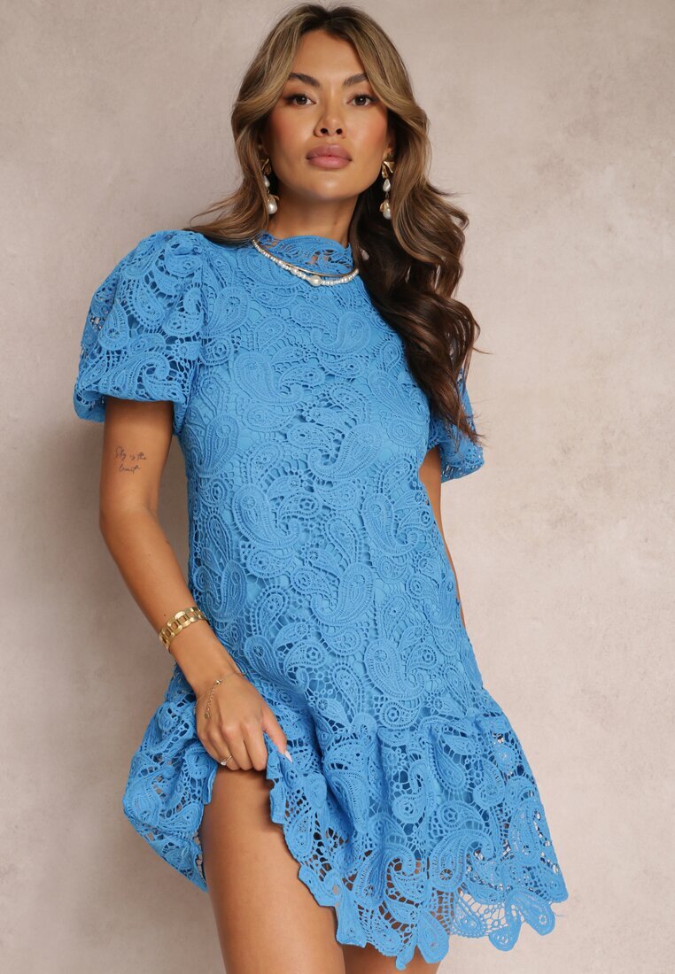elsa.m by may Rochie Albastră cu Broderie Dantelată Paisley și Mâneci Bufante Briena