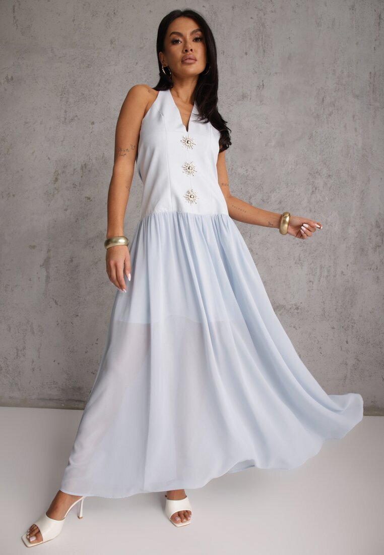 elsa.m by may Rochie Albastră cu Decolteu Halter și Nasturi Decorative în Față Nesia