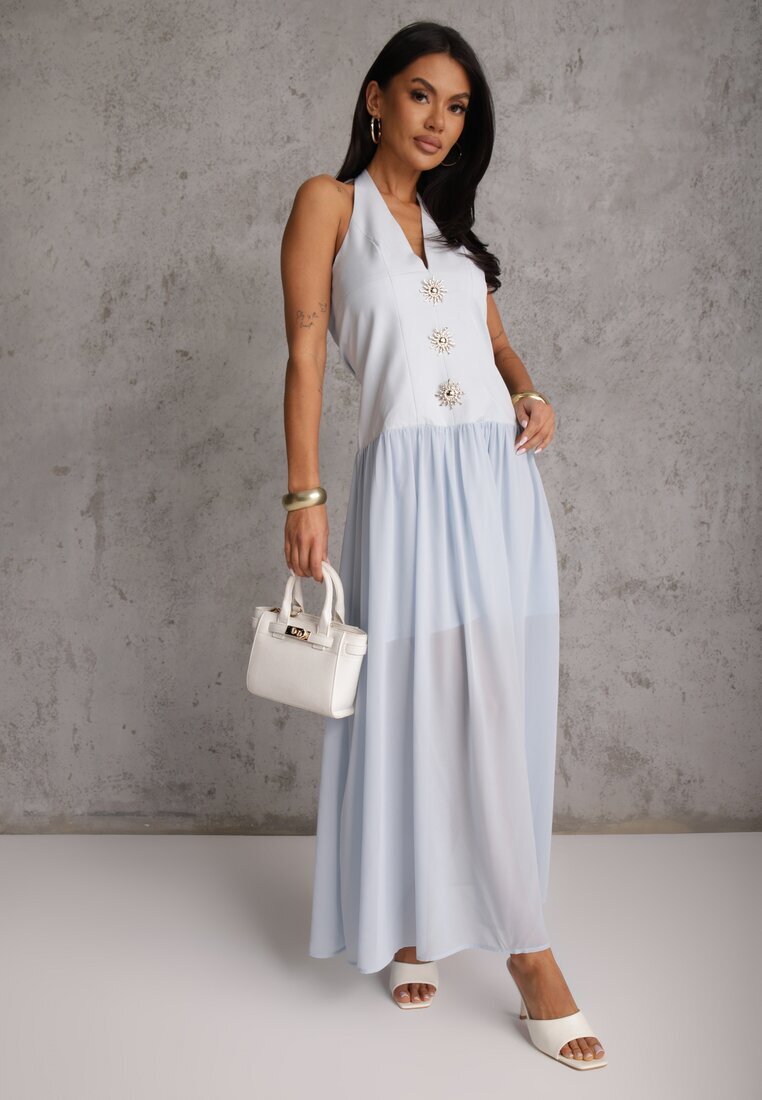 elsa.m by may Rochie Albastră cu Decolteu Halter și Nasturi Decorative în Față Nesia