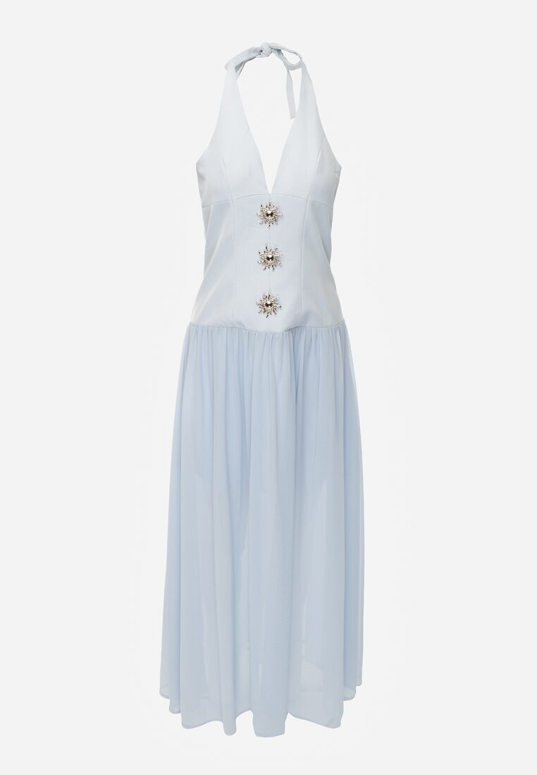 elsa.m by may Rochie Albastră cu Decolteu Halter și Nasturi Decorative în Față Nesia