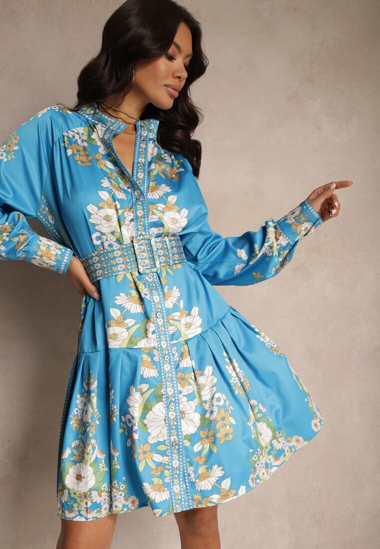 elsa.m by may Rochie Albastră cu flori cu croială tip cămașă cu curea Alanisia