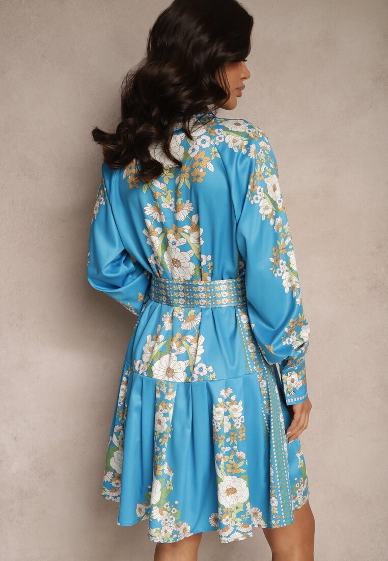 elsa.m by may Rochie Albastră cu flori cu croială tip cămașă cu curea Alanisia