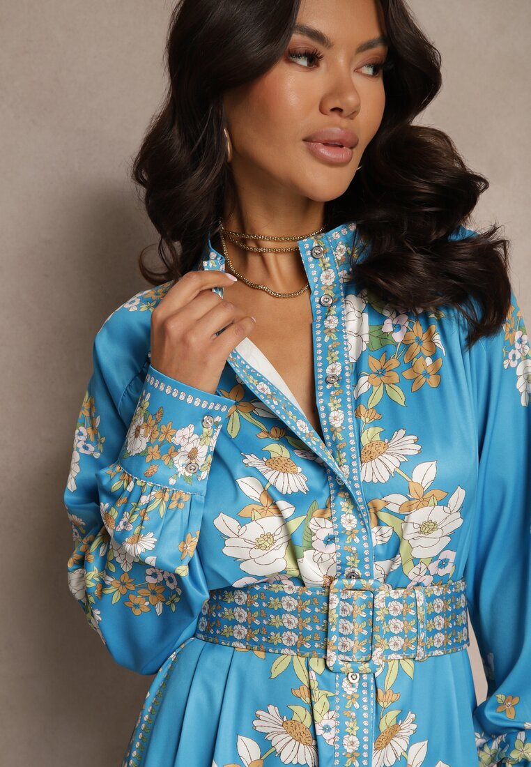 elsa.m by may Rochie Albastră cu flori cu croială tip cămașă cu curea Alanisia