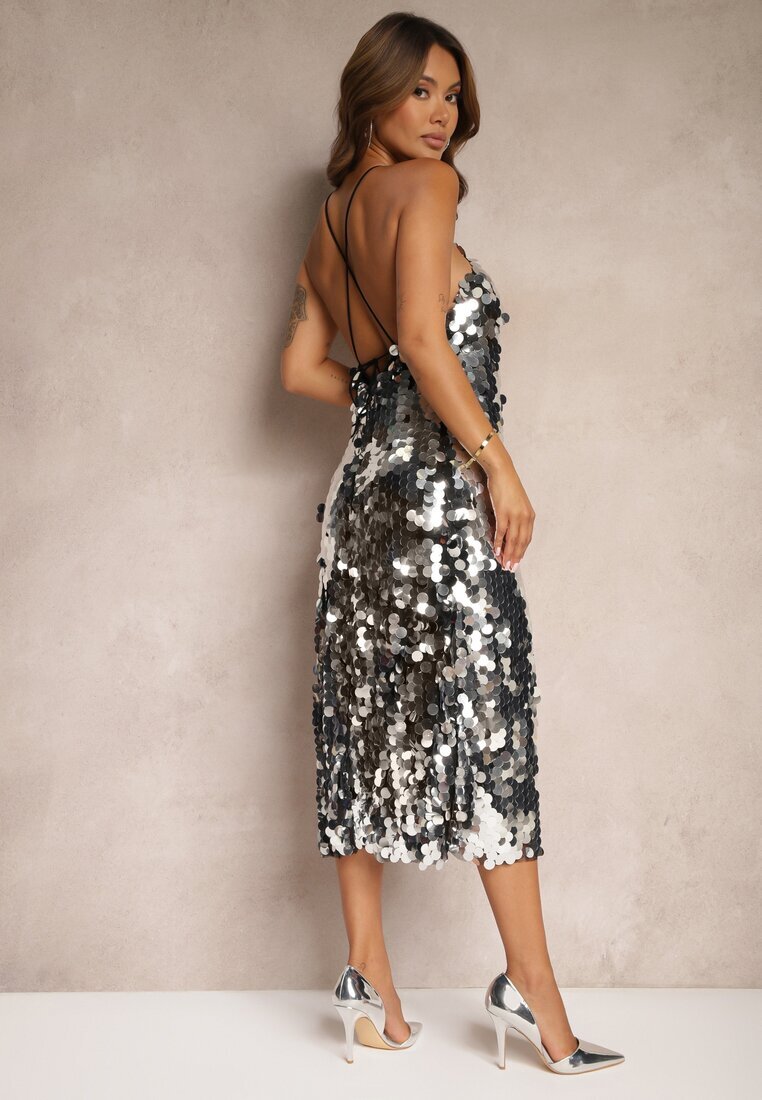 elsa.m by may Rochie Argintie cu paiete cu croială asimetrică cu legătură decorativă la spate Leriseli