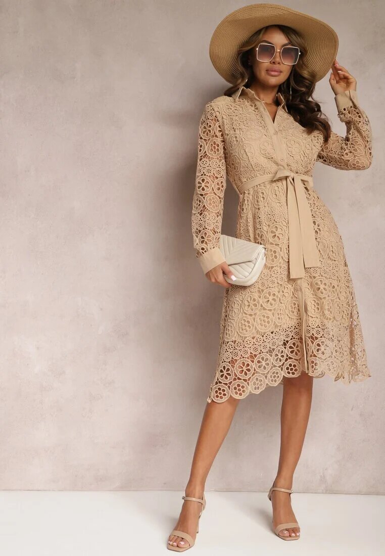 elsa.m by may Rochie Bej A-line Midi Decorată cu dantelă cu curea în talie Sailla