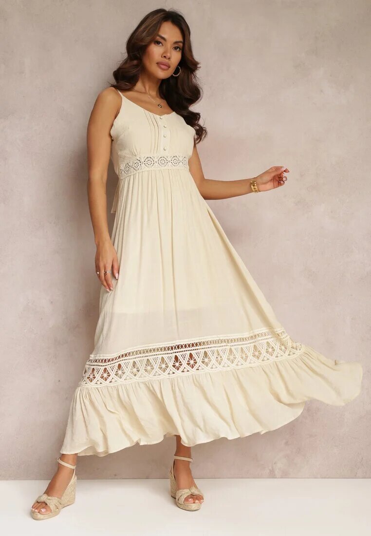 elsa.m by may Rochie Bej Cloche Maxi cu Volănaș și Dantelă Luluma