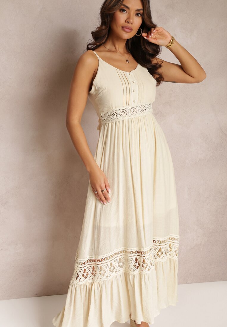 elsa.m by may Rochie Bej Cloche Maxi cu Volănaș și Dantelă Luluma