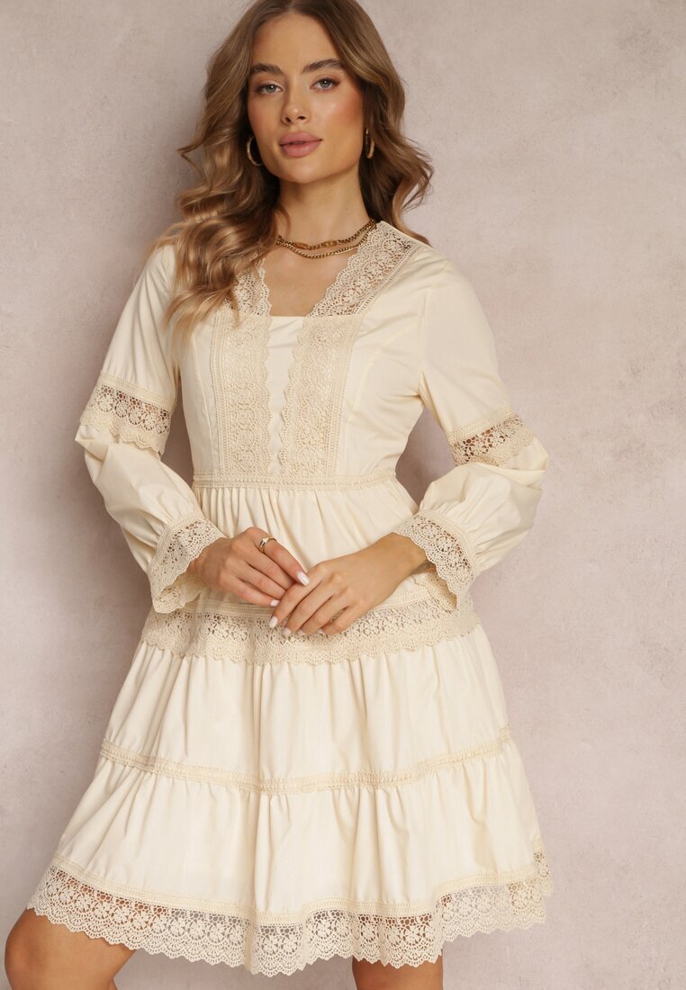 elsa.m by may Rochie bej cloș mini cu decolteu decorativ cu dantelă Eudovana