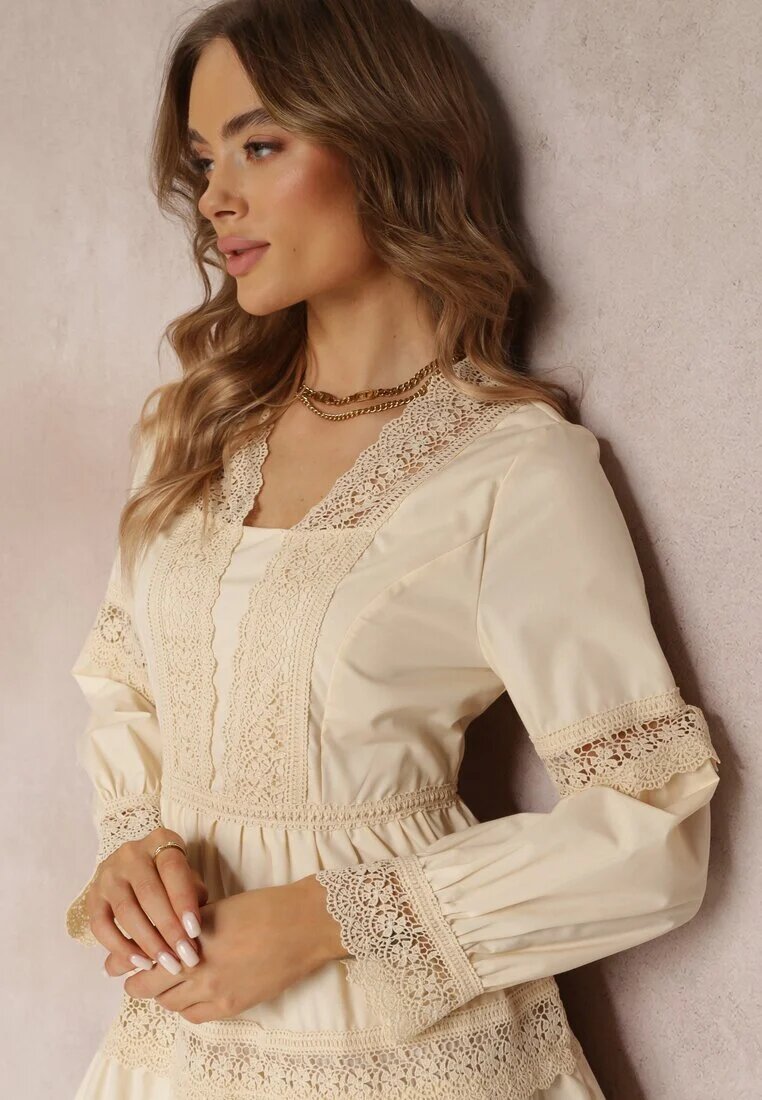 elsa.m by may Rochie bej cloș mini cu decolteu decorativ cu dantelă Eudovana