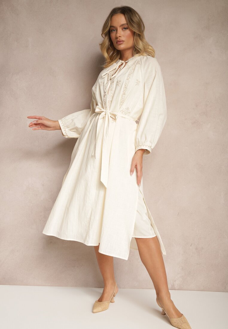 elsa.m by may Rochie bej cu curea Boho din bumbac decorată cu broderie Gonalin