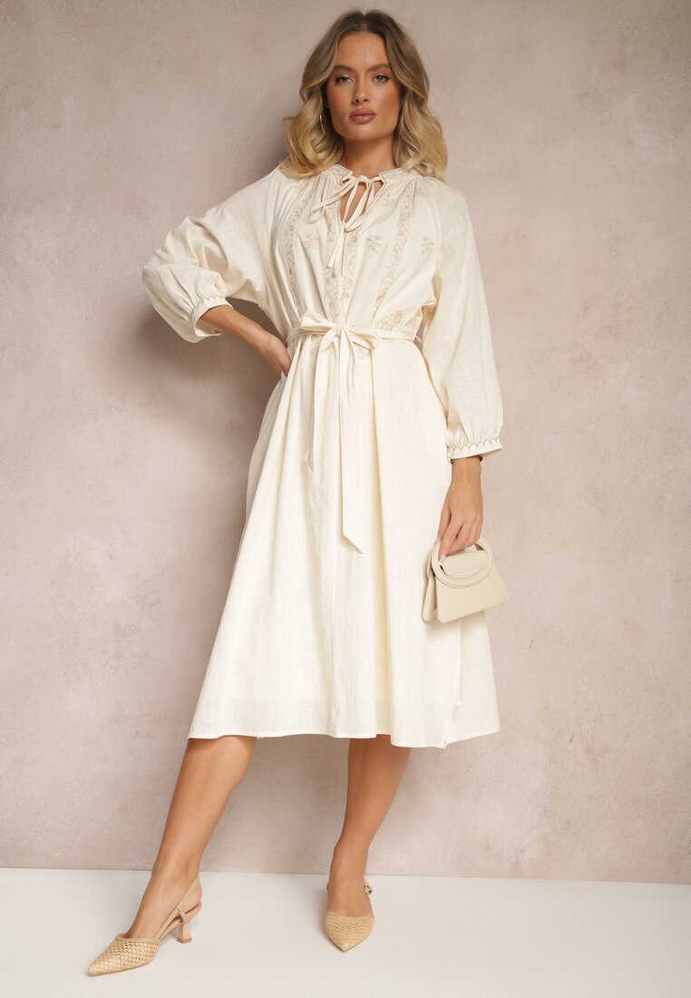 elsa.m by may Rochie bej cu curea Boho din bumbac decorată cu broderie Gonalin