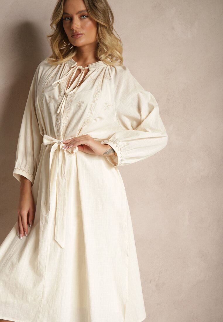 elsa.m by may Rochie bej cu curea Boho din bumbac decorată cu broderie Gonalin