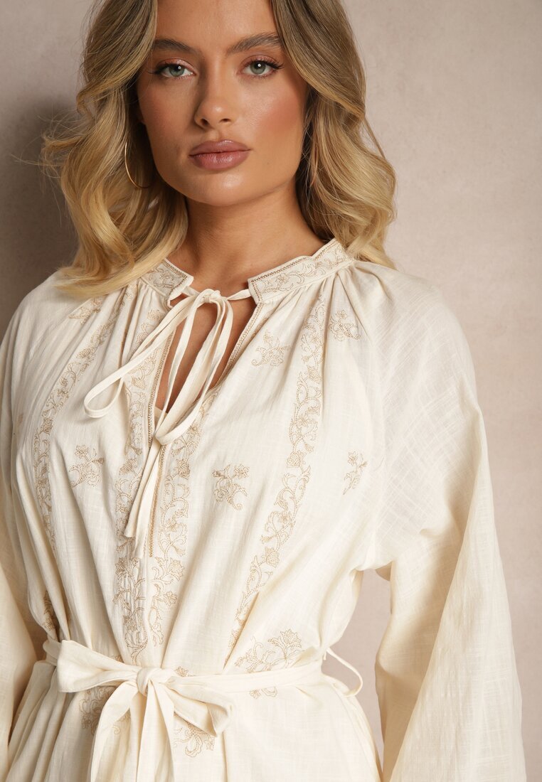elsa.m by may Rochie bej cu curea Boho din bumbac decorată cu broderie Gonalin