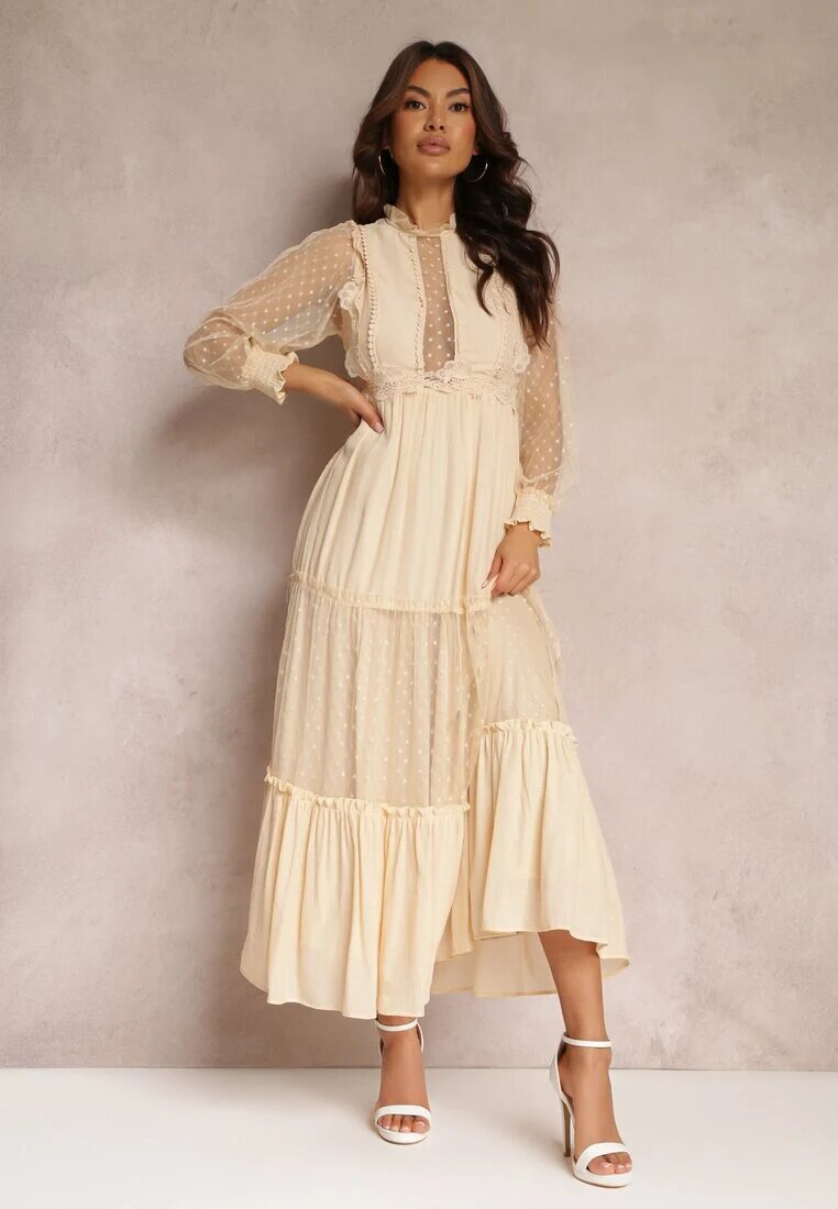 elsa.m by may Rochie Bej cu Mânecă Bufantă Decorată cu Inserații de Tul Laluna