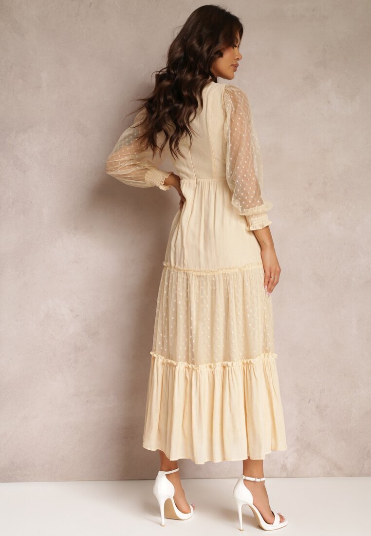 elsa.m by may Rochie Bej cu Mânecă Bufantă Decorată cu Inserații de Tul Laluna
