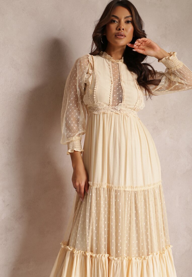 elsa.m by may Rochie Bej cu Mânecă Bufantă Decorată cu Inserații de Tul Laluna