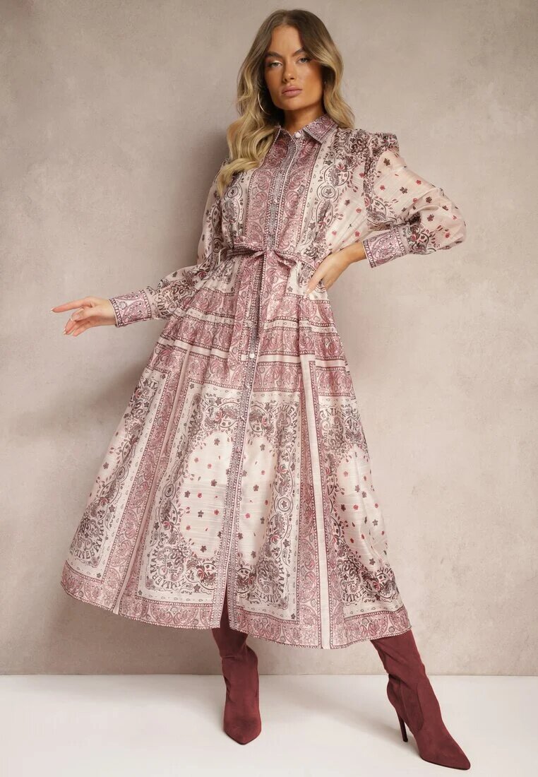 elsa.m by may Rochie Bej cu o croială evazată de cămașă din bumbac și curea Merichelle