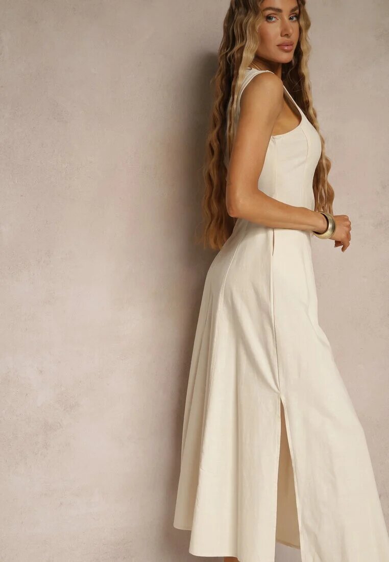 elsa.m by may Rochie Bej Deschis Cloche din Viscoză și Bumbac și cu Șliț pe Picior Saravisse