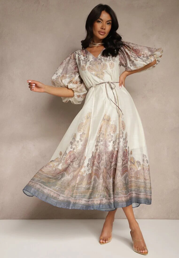 elsa.m by may Rochie Bej deschis Evazată din Viscoză cu cordon și Model Ornamental Redanira