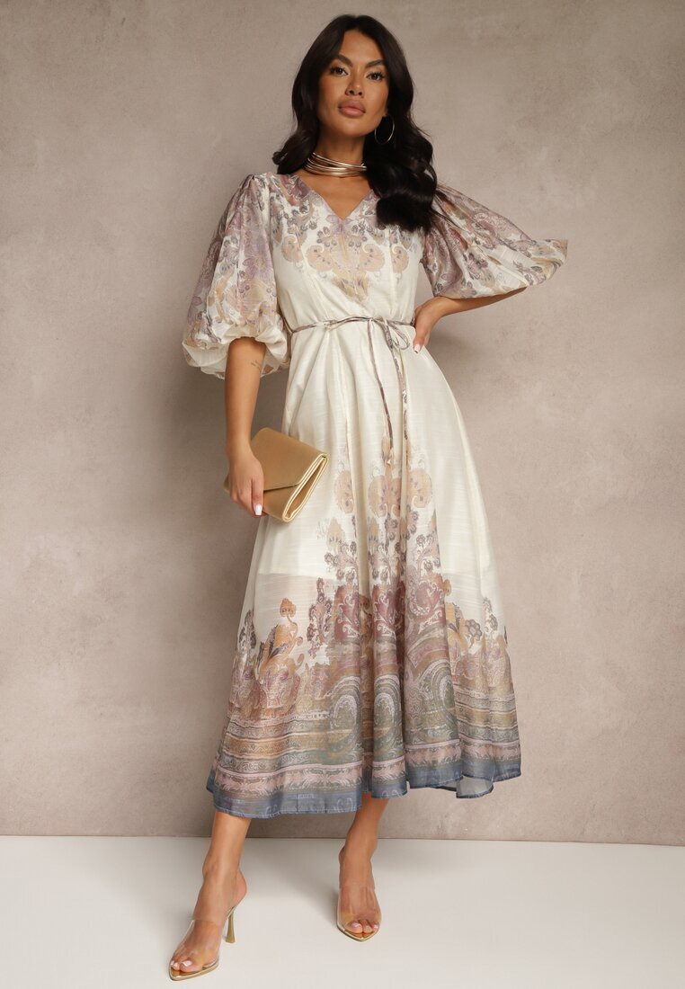 elsa.m by may Rochie Bej deschis Evazată din Viscoză cu cordon și Model Ornamental Redanira
