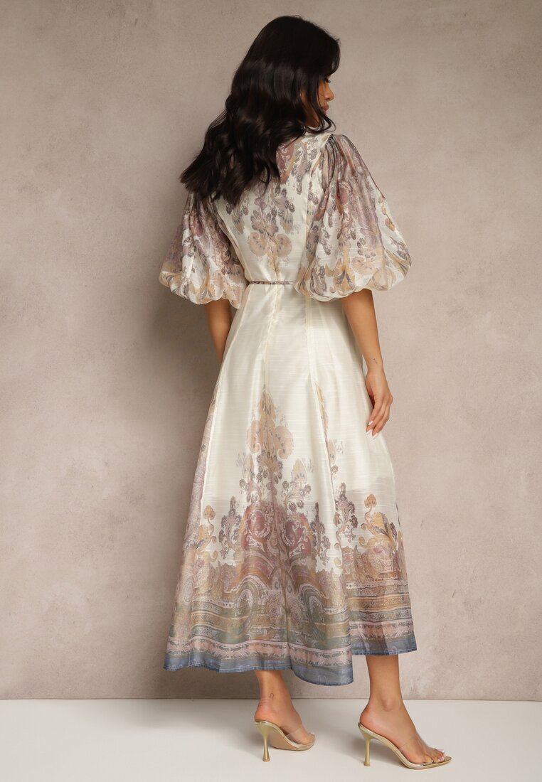 elsa.m by may Rochie Bej deschis Evazată din Viscoză cu cordon și Model Ornamental Redanira