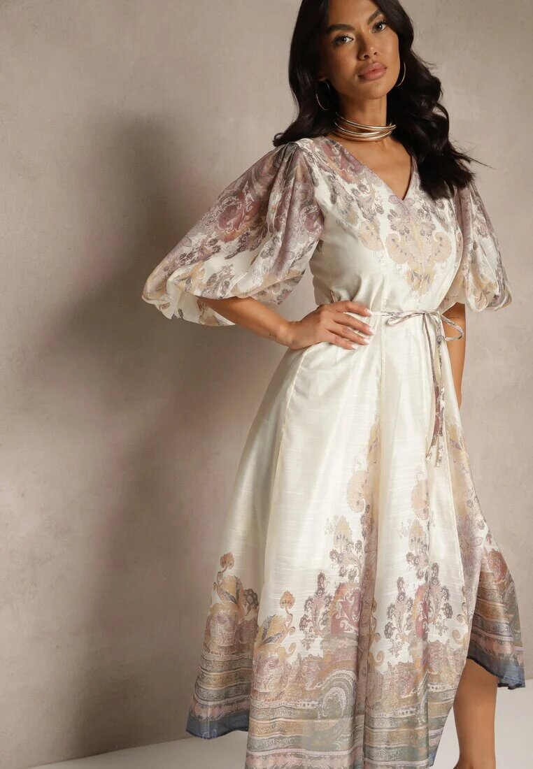 elsa.m by may Rochie Bej deschis Evazată din Viscoză cu cordon și Model Ornamental Redanira