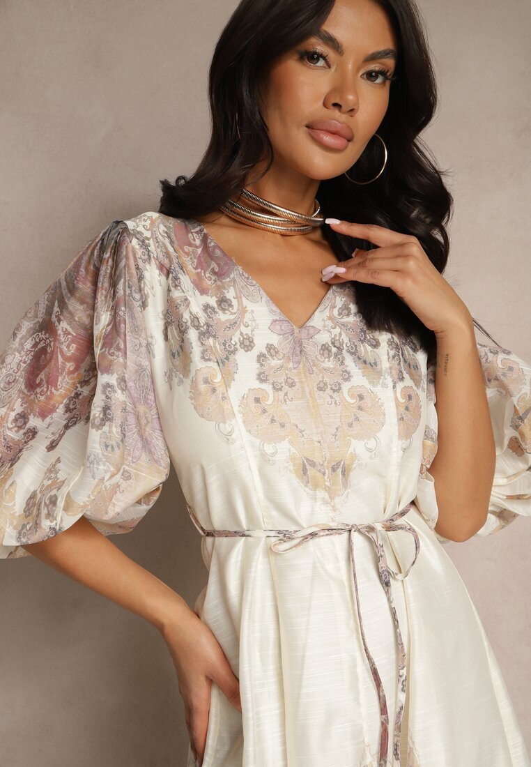 elsa.m by may Rochie Bej deschis Evazată din Viscoză cu cordon și Model Ornamental Redanira