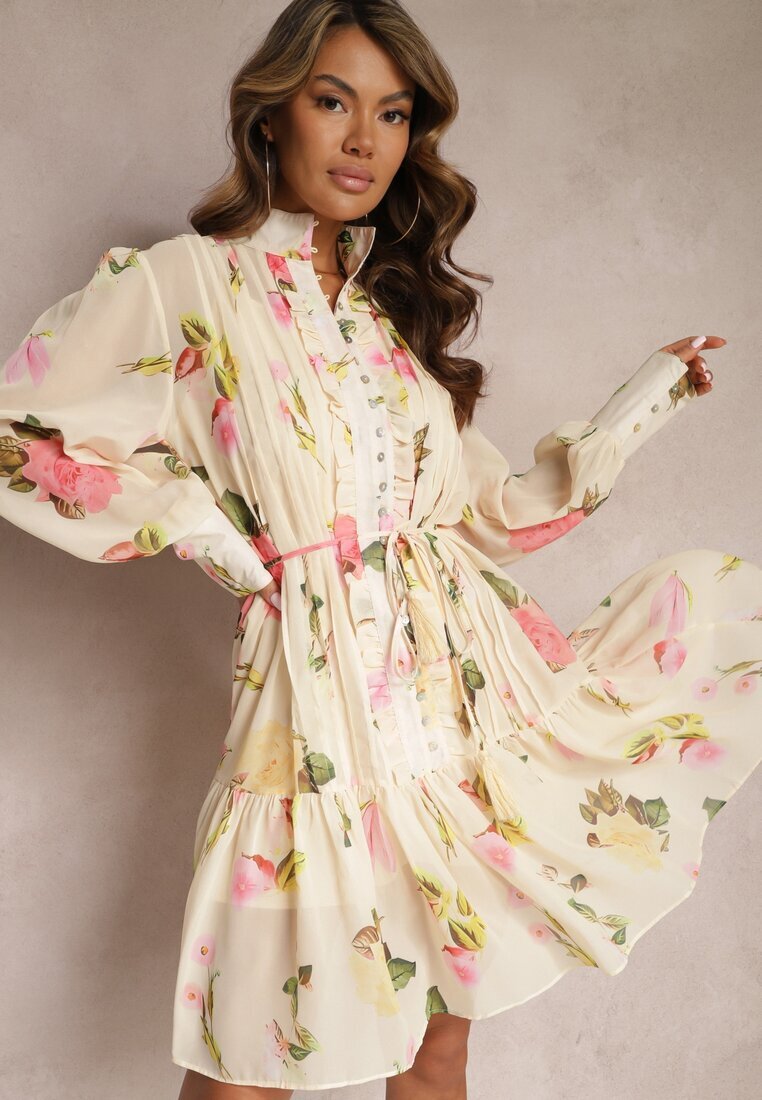 elsa.m by may Rochie bej deschis plisată midi cu imprimeu floral cu centură și nasturi Jazai