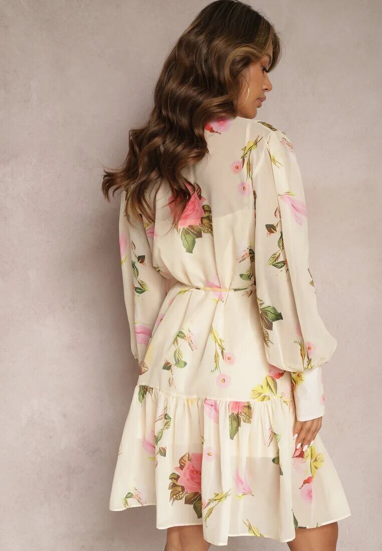 elsa.m by may Rochie bej deschis plisată midi cu imprimeu floral cu centură și nasturi Jazai
