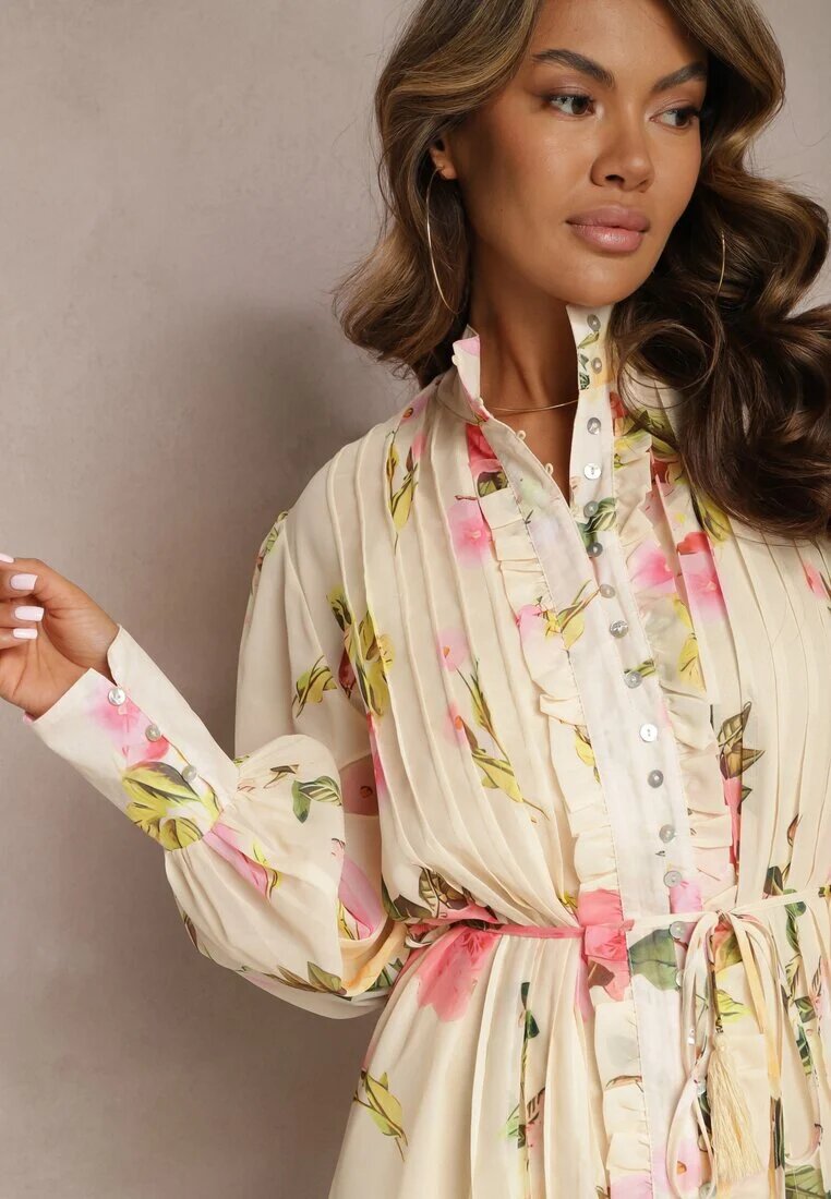 elsa.m by may Rochie bej deschis plisată midi cu imprimeu floral cu centură și nasturi Jazai