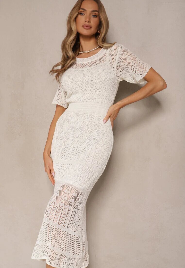 elsa.m by may Rochie Bej deschisă Cambrată din Viscoză cu Model Ajurat Anelvia